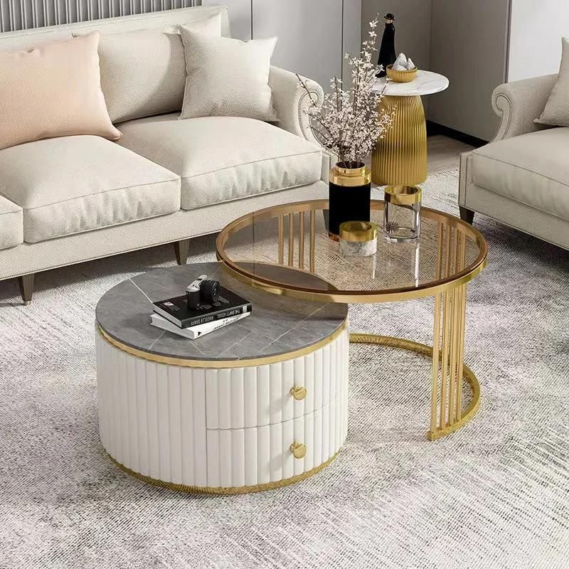Hotel Tea Table Basse Storage Living Room Furniture Round Modern White Sintered Stone Luxury Gold Marble Glass Coffee Table