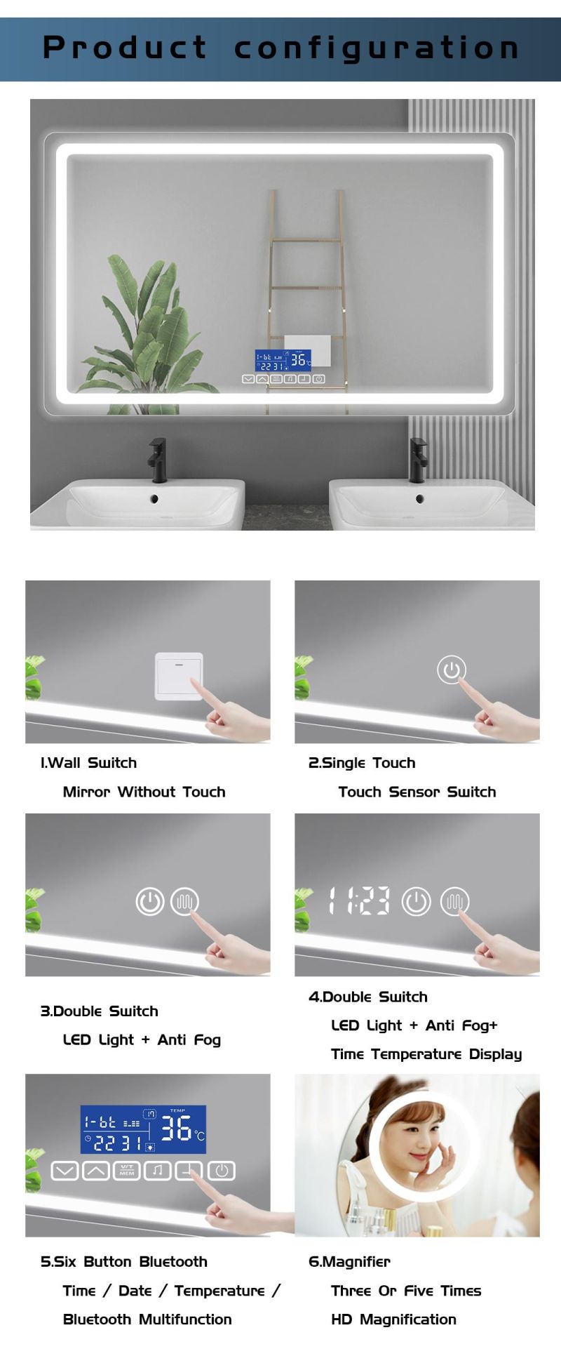 2022 Hot Sale Back Light Glass Home Decoration Salon Furniture LED Bathroom Mirror with Anti-Fog Function