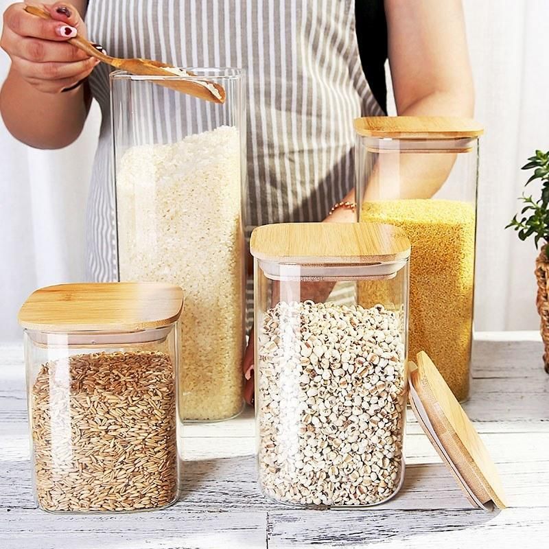 Squqre Glass Storage Jar, Kitchen Food Containers with Bamboo Lid Make It Airtight (750ml-3 Pack)