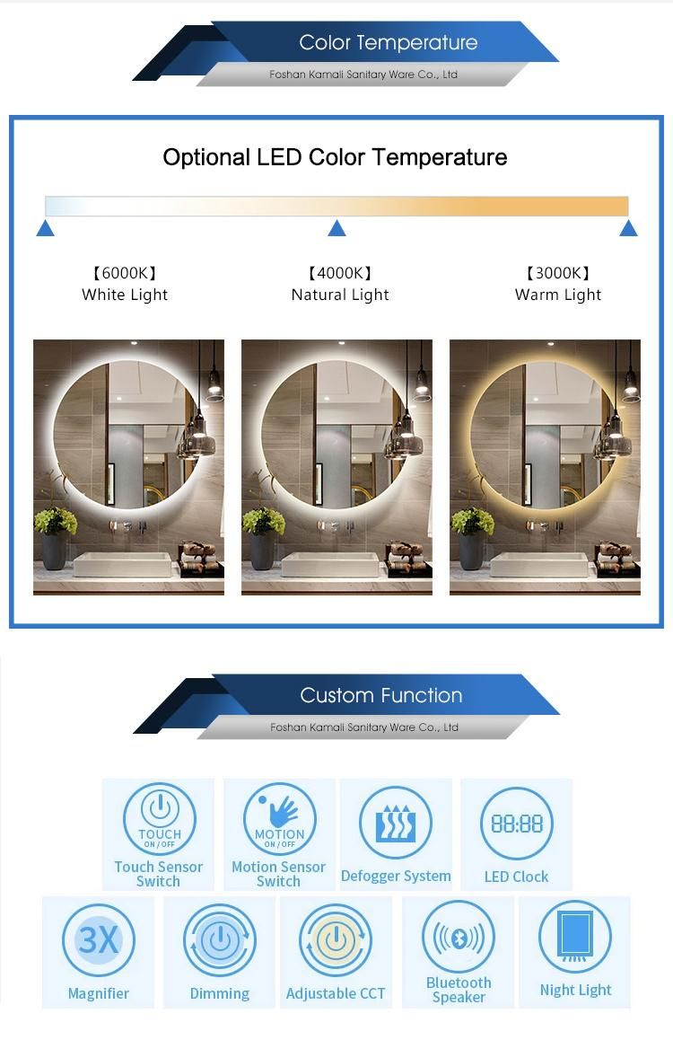 Kamali Custom Simple Design Hotel Rectangular Luxury Illuminated Defog Glass Backlit Bathroom Touch Smart LED Mirror