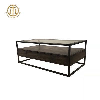 Glass Table Top Metal Frame Structure Solid Wood Partition with Drawer Coffee Table or Living Room Tea Table