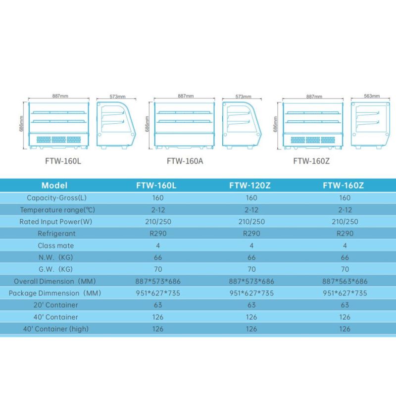 Good Quality Multi Deck Cake Freezer Showcase Display Commercial Refrigerator Showcase Ftw-160L