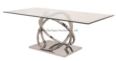 Dopro New Design Modern Style Stainless Steel Polished Silver Dining Table D1901 with Tempered Glass or Art Marble Table Top