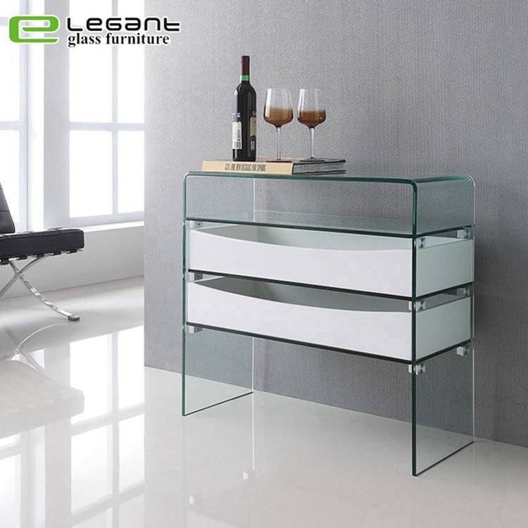 Curved Glass Console Table with High Gloss White MDF Drawers
