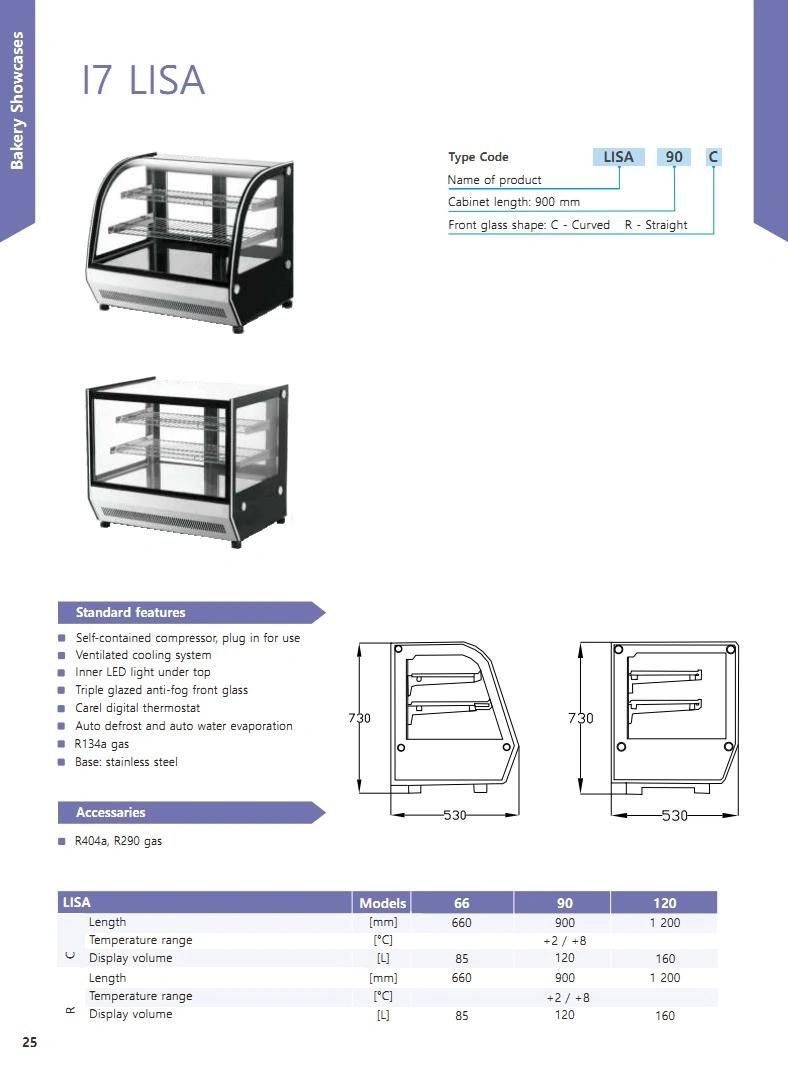 Commercial Auto Defrost Tabletop Pastry Showcase with Square Glass Front