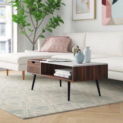 2 Tone Faux Marble Wood Storage Coffee Table with Solid Wood Leg Living Room Furniture
