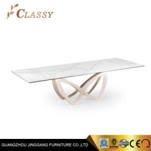 Curved Butterfly Metal Base Dining Table with White Rock Beam Top