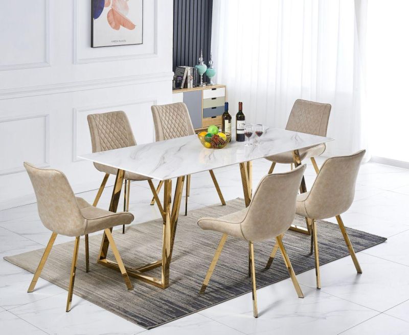 Home Restaurant Garden Furnituretempered Glass Marble Table Top Stainless Steel Tube Leg Modern Dining Table