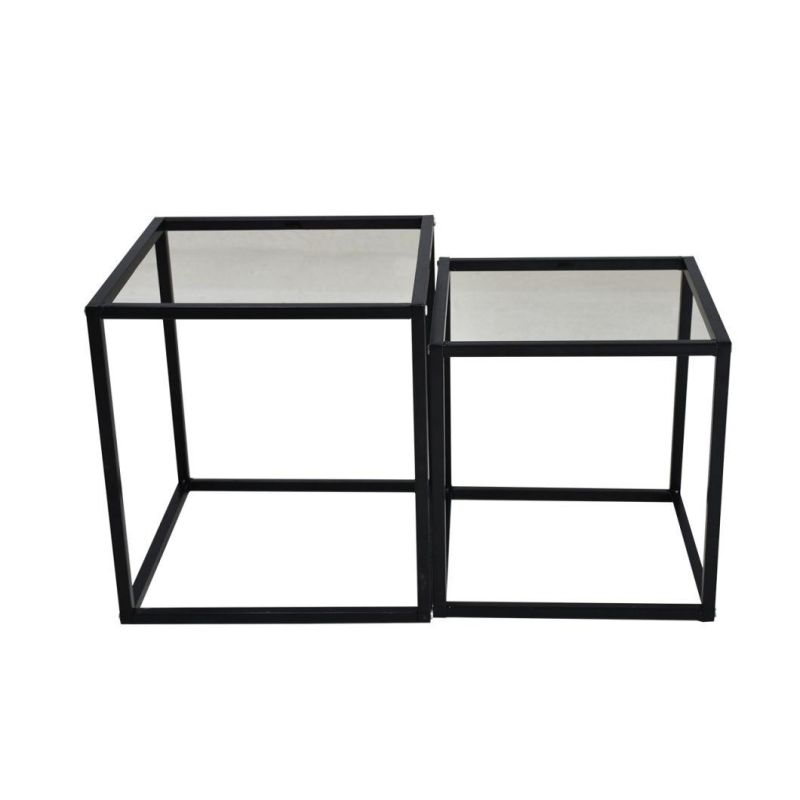 High Quality Living Room Furniture 2 Combinable Marble Like Tempered Glass Desktop Black Metal Table