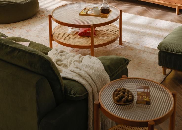 Side Table, Coffee Table with Hand-Woven Rattan and Glass Tops