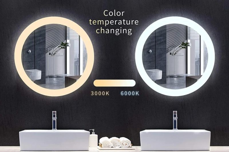 Round LED Dimmable Color Temperature Warm/White/Gradient Vanity Bathroom Mirror with Touch Switch Wall Mounted Backlit Lighted Makeup Mirror