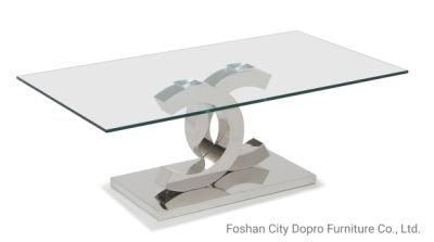 Minimalist Design Stainless Steel Double C Pillar Coffee Table with Glass Top