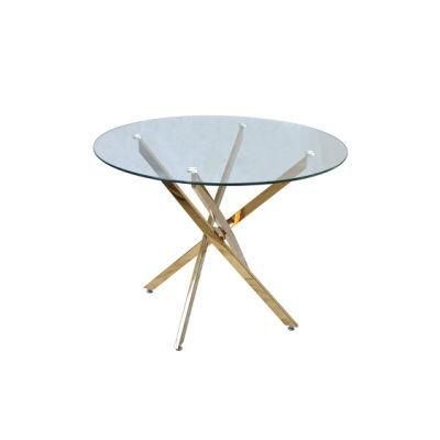 Home Banquet Furniture Clear Tempered Glass Round Top Golden Stainless Steel Dining Table for Outdoor