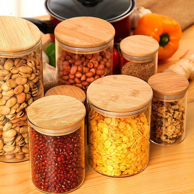 Squqre Glass Storage Jar, Kitchen Food Containers with Bamboo Lid Make It Airtight (750ml-3 Pack)