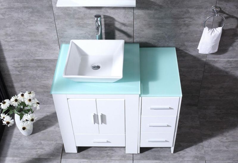 36" Bathroom Vanity Cabinet Single Ceramic Vessel Sink Faucet Glass Top & Mirror