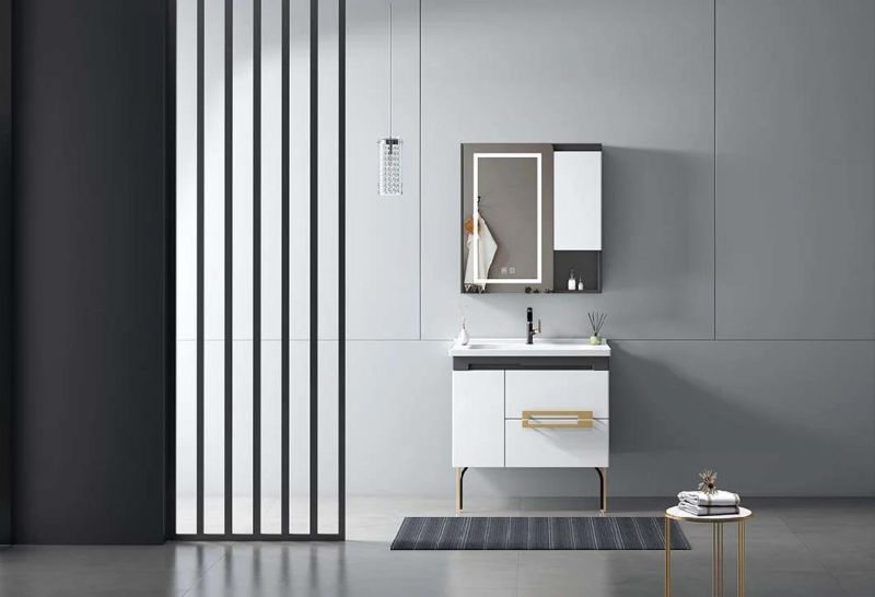 Hangzhou Luxury White Modern PVC Wall Mounted Bathroom Cabinet Vanity with Side Cabinet
