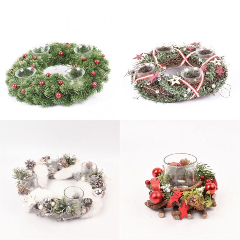 Customized Natural Color Pine Cone Pine Needle 4PCS Glass Candle Holder for Christmas Decorations