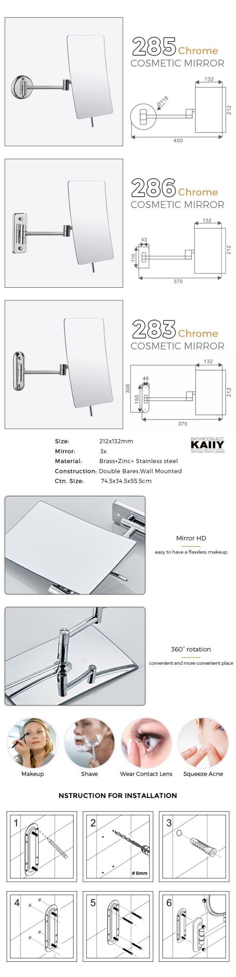 Kaiiy China Manufacturer High Quality Bathroom Make up Mirror