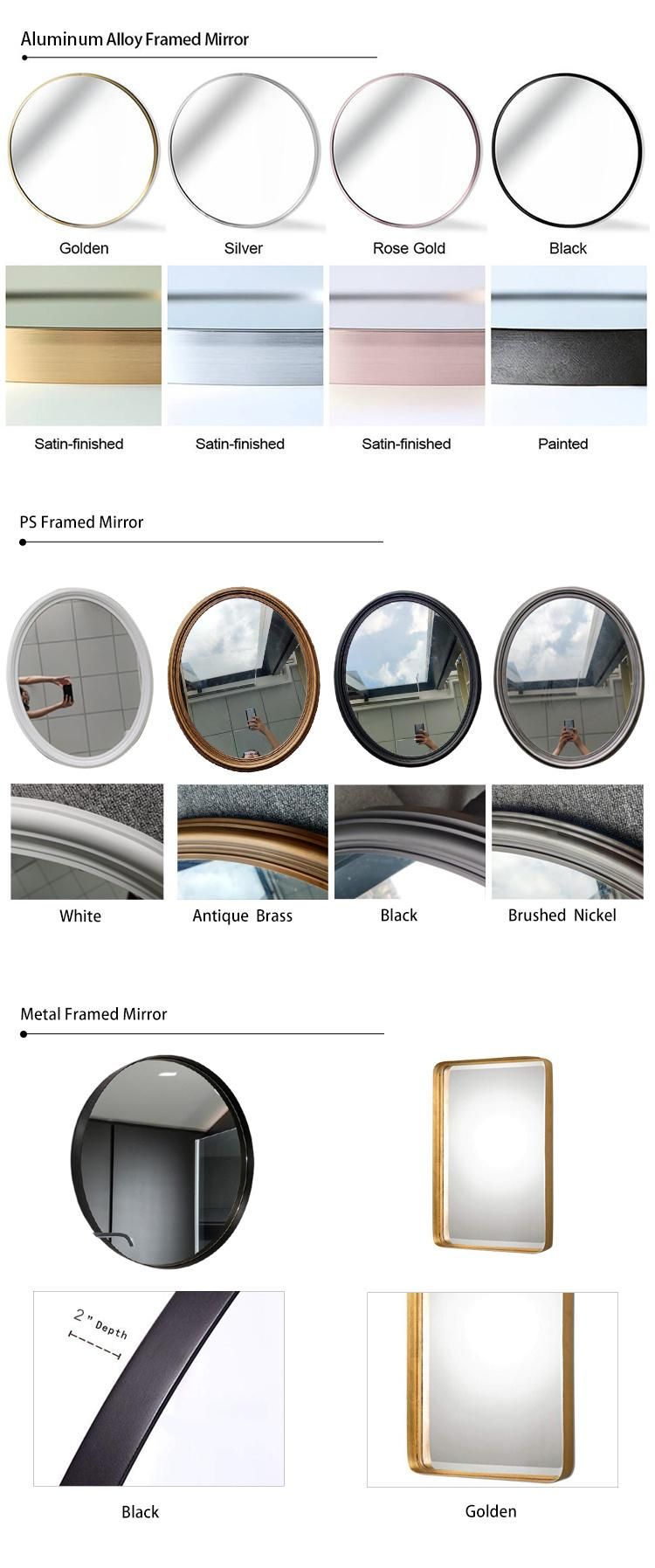 Jinghu China Factory Metal Aluminum Alloy Wooden Frame Mirror Black Golden Home Decorative Bathroom Mirror