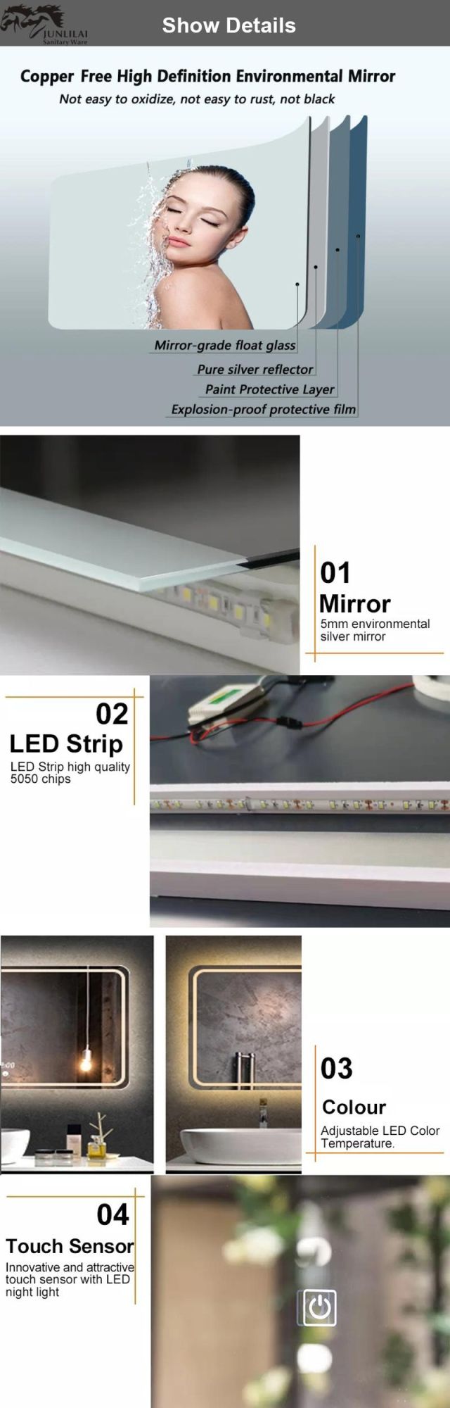 Rectangle Modern Silver Waterproof Household Items LED Wholesale Home Decor Antique Dressing Bathroom Mirror