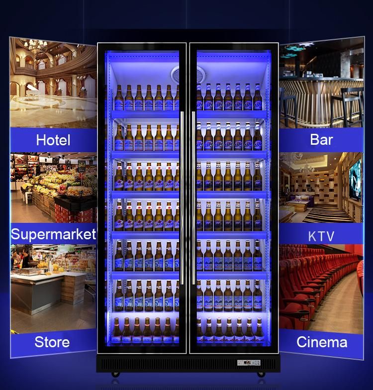 Commercial Supermarket Vertical Beverage Cooler Cold Drink Fridge Double Glass Door Showcase Display Refrigerator