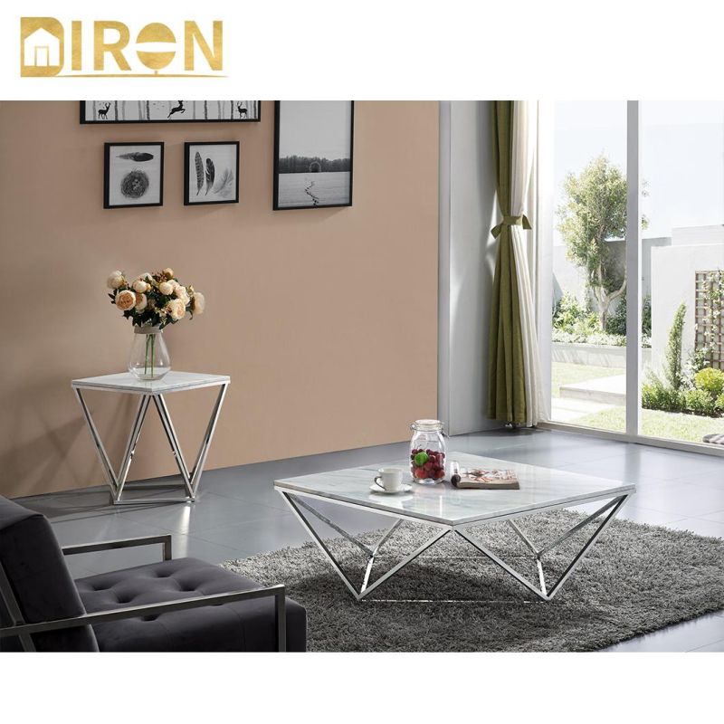 European Design Home Furniture Glass Marble Coffee Table with Stainless Steel Legs