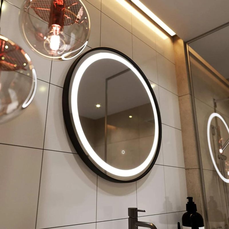 Round LED Lighting Bathroom Mirror, Black Frame, Wall Mounted Dimmable Memory Button, Waterproof