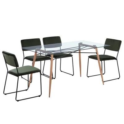 Modern Simple Home Fabric Chair Glass Square Wooden Legs Dining Tables and Chairs Set