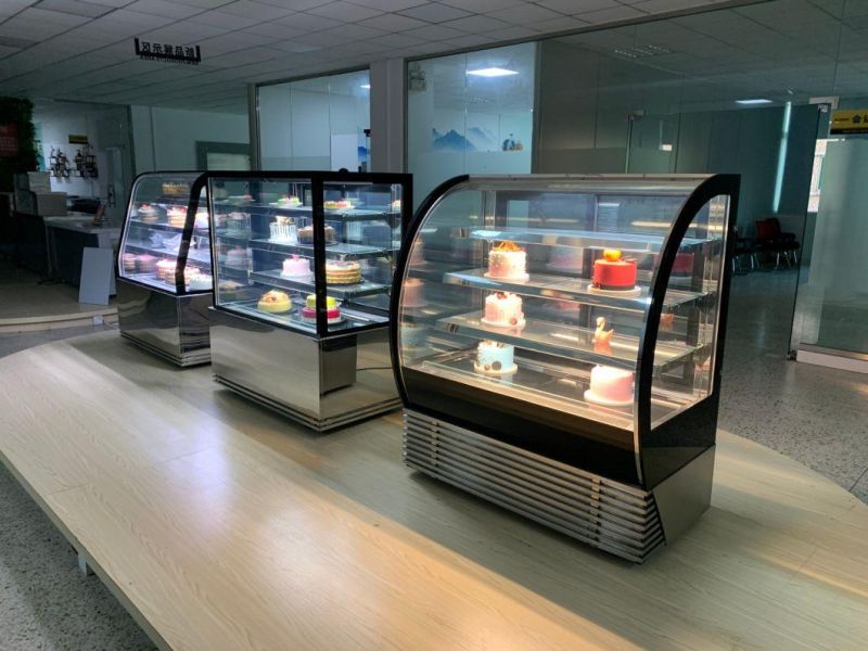 Curve Glass Heat Reflected Transparent Showcase Bakery Cake Bread Floor Standing Vertical Cooler