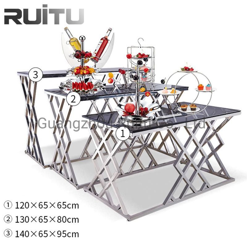 Event Decoration Wedding Materials Rectangle Stainless Steel Cheap Banquet Dining Tempered Glass Top Buffet Catering Centre Food Dessert Display Stand Tables