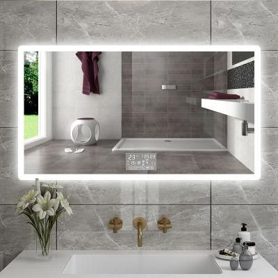 Framed Fitting Mirror Luxury Bath Furniture Illuminated Long Wall LED Mirror with Digital Clock &amp; Magnifier