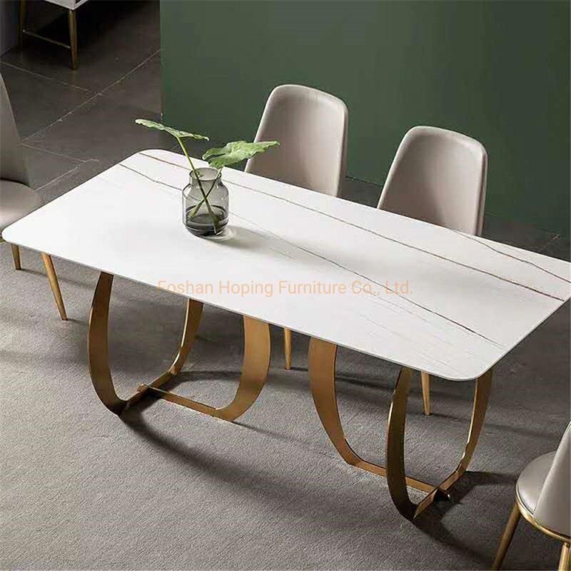 Modern Living Room Rectangle Marble Top 1+8 Seats White Square Dining Table Set with Leather Chair