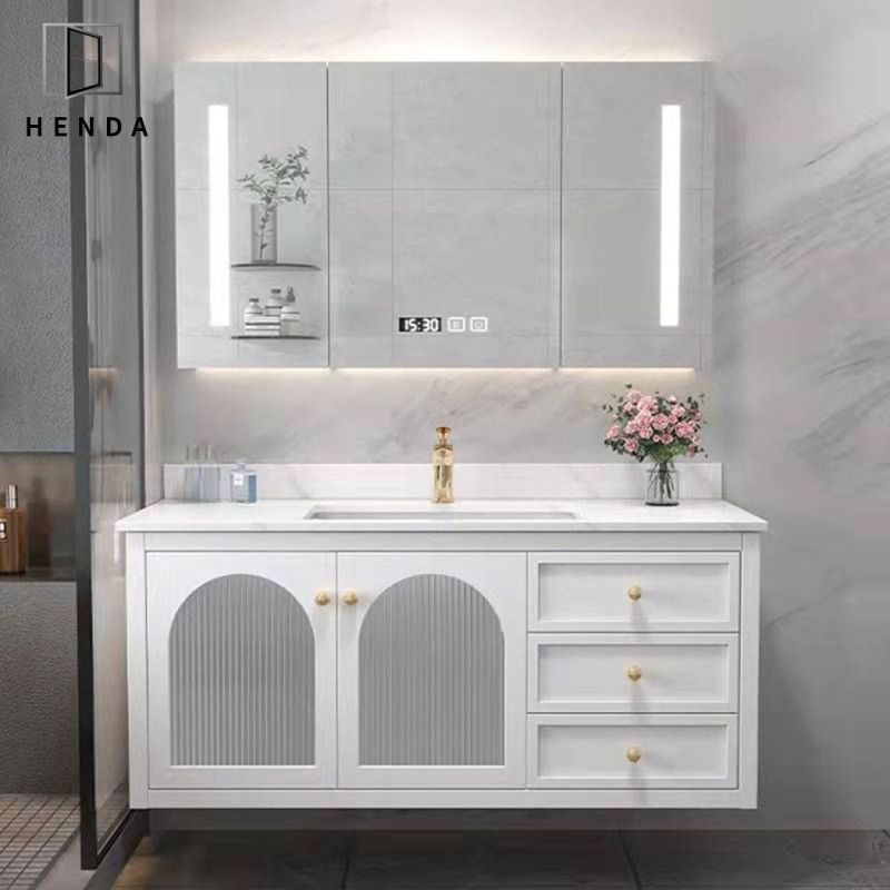 Luxury Designs Glass Opening Door 2/3 Drawers Solid Wood Toilet Cabinet