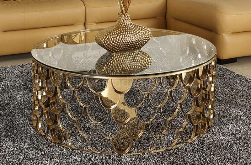 Luxury Home Steel Base Gold Round Glass Coffee Table