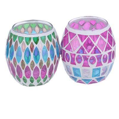 Geometric Mosaic Glass Tea Light Holder Colorful Retro Round Glass Candle Holder Wedding Party Desktop Centerpiece Decorations