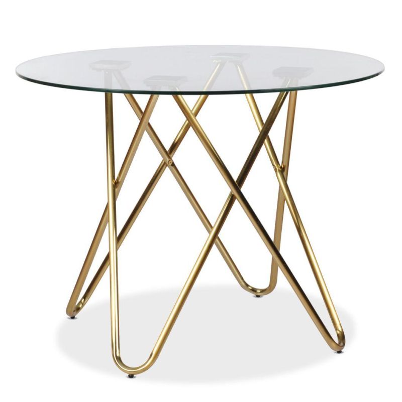 Home Banquet Furniture Clear Tempered Glass Round Top Golden Stainless Steel Dining Table for Outdoor