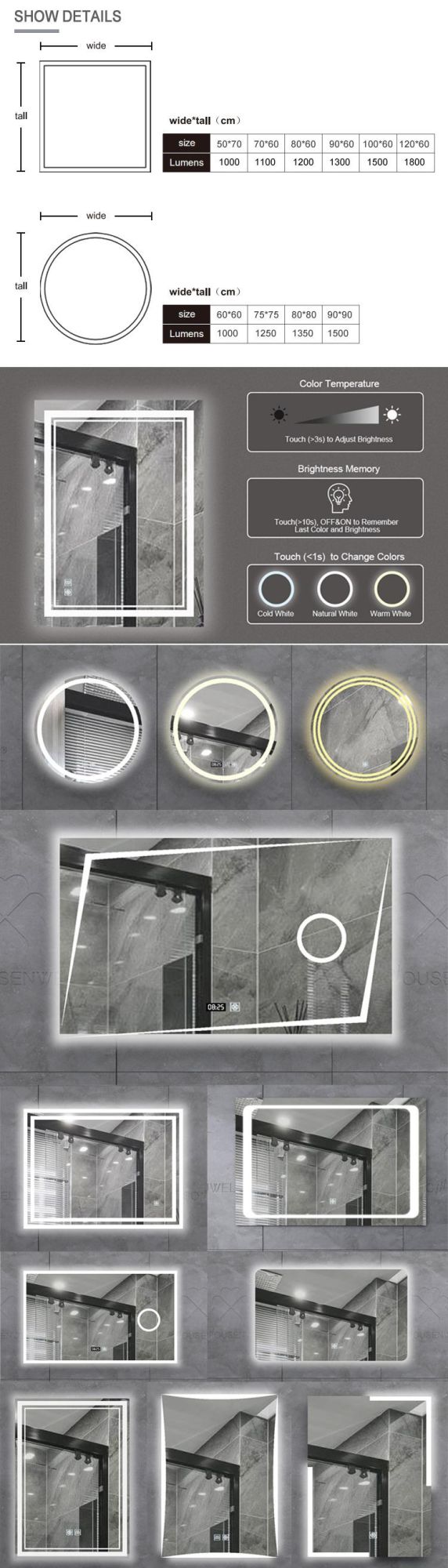 Wall Silver Smart Furniture Vanity LED Bathroom Float Glass Mirror