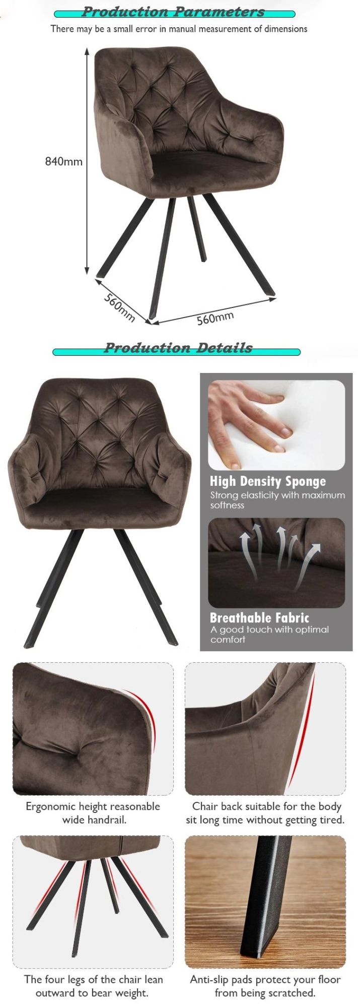 Leisure Home Living Room Bedroom Furniture Upholstered Fabric Velvet Dining Room Chair with Metal Legs for Nordic Modern Restaurant Furniture