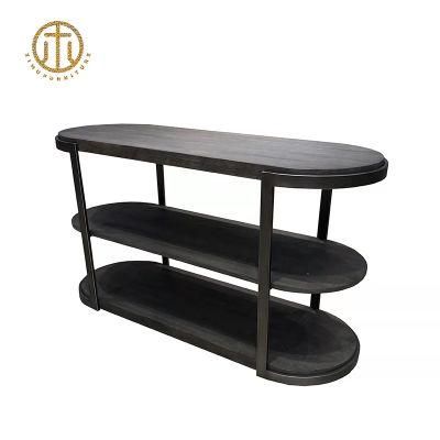 Antique Wooden Countertop 3-Layer Shelf Metal Structure Coffee Table or Living Room Tea Table