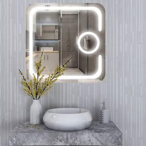 Square Wall-Mounted Frameless LED Lighted Illuminated Bathroom Vanity Mirror with Touch Sensor &amp; Magnifying Glass