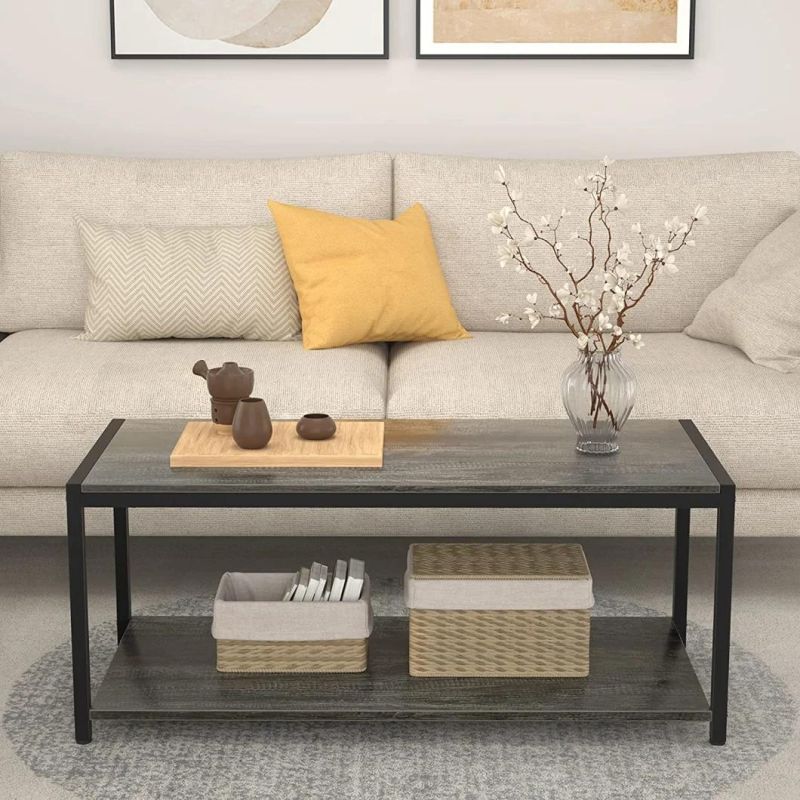 Wood Coffee Table with Hidden Compartment and Adjustable Storage Shelf for Home Living Room