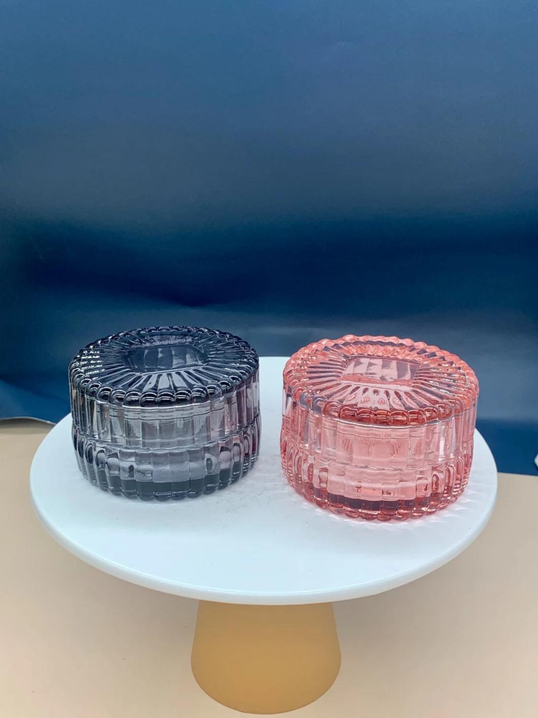 China Glass Factory Colorful Creative Glass Candle Holder Transparent Round with Cover Candle Cup Homemade Guest Restaurant Decorations, Jewelry Box, Candy Box