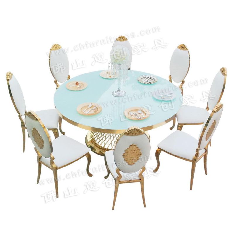 Light Luxury Simple 4-6 People Small Apartment Home Hotel Golden Stainless Steel Round Dining Table Chair Combination