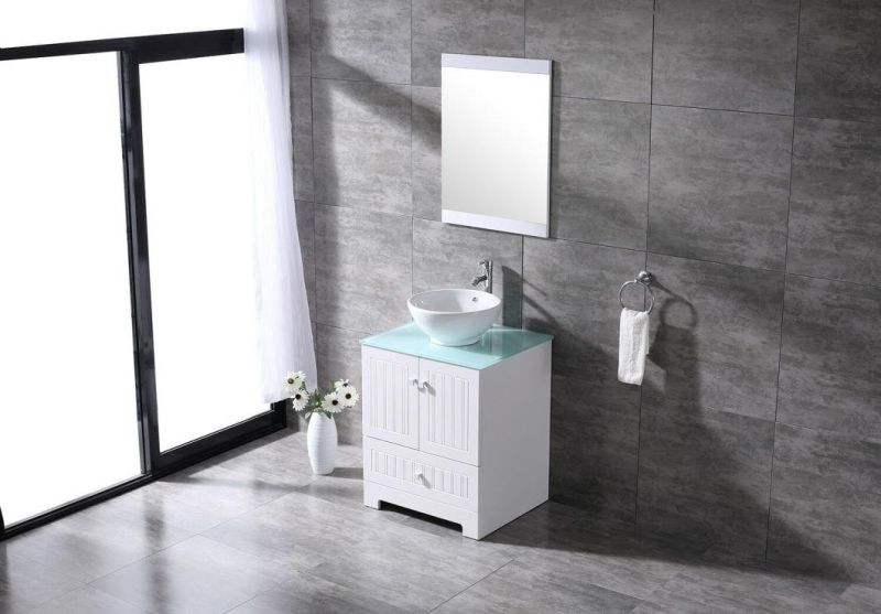 24" Bathroom Cabinet PVC Vanity Ceramic Vessel Sink Glass Top W/Mirror Set White Bathroom Furniture