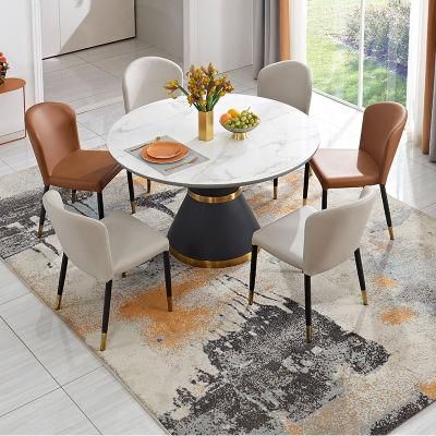 Quanu 126905 Quanu Luxury Golden Round Shape Glass Top Dining Table Set Modern with 6 Chair