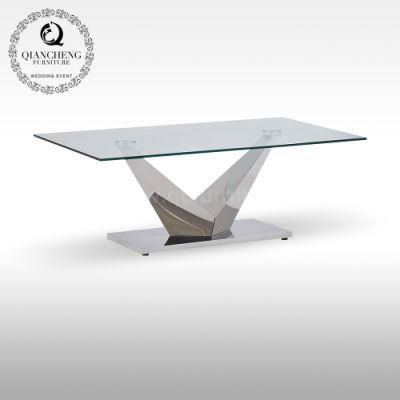 Foshan Factory Italian Style Tempered Glass Coffee Tables with V Shape Steel Base