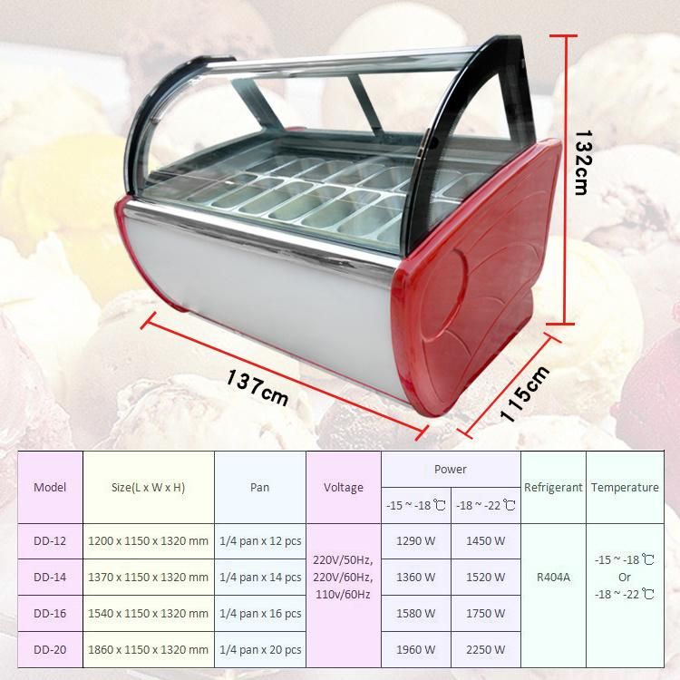 Commercial 14 Plates 304 Material Curved Sliding Glass Door Italy Gelato Hard Ice Cream Showcase Refrigerator Display Cooler Cabinet