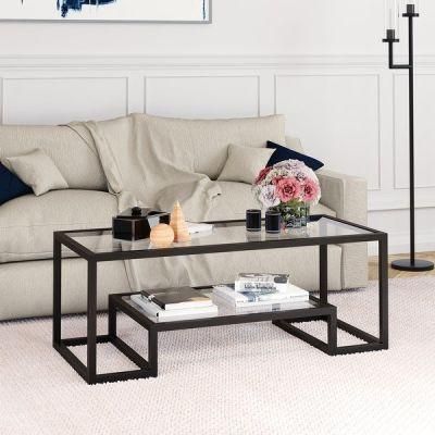 New Design Rectangle Living Room Sofa Side End Table Clear Glass Top Durable Coffee Table with Shelf