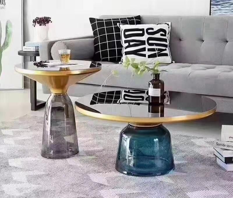 Luxury Italian Modern Design Blue Black Small Round Glass Coffee Table Center Table Side Table Bedroom Living Room Furniture