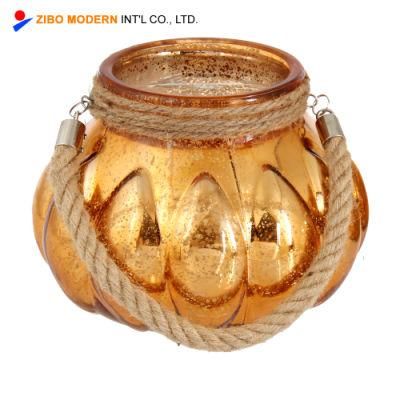 Wholesale Pumpkin Shape Electroplating Glass Jar Candle Holder with Hemp Rope